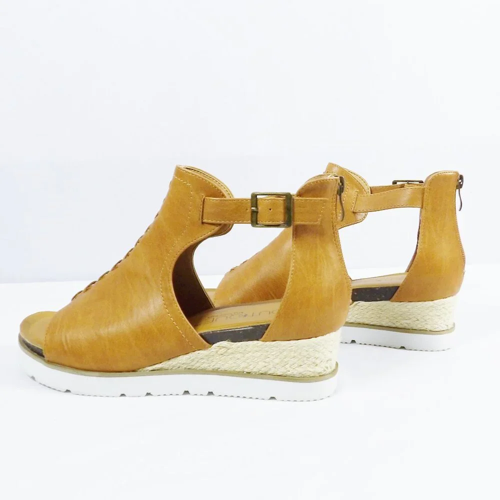 Corkys SUGAR CITY Espadrille Low Wedge Sandals Cognac Brown NIB Open Toe